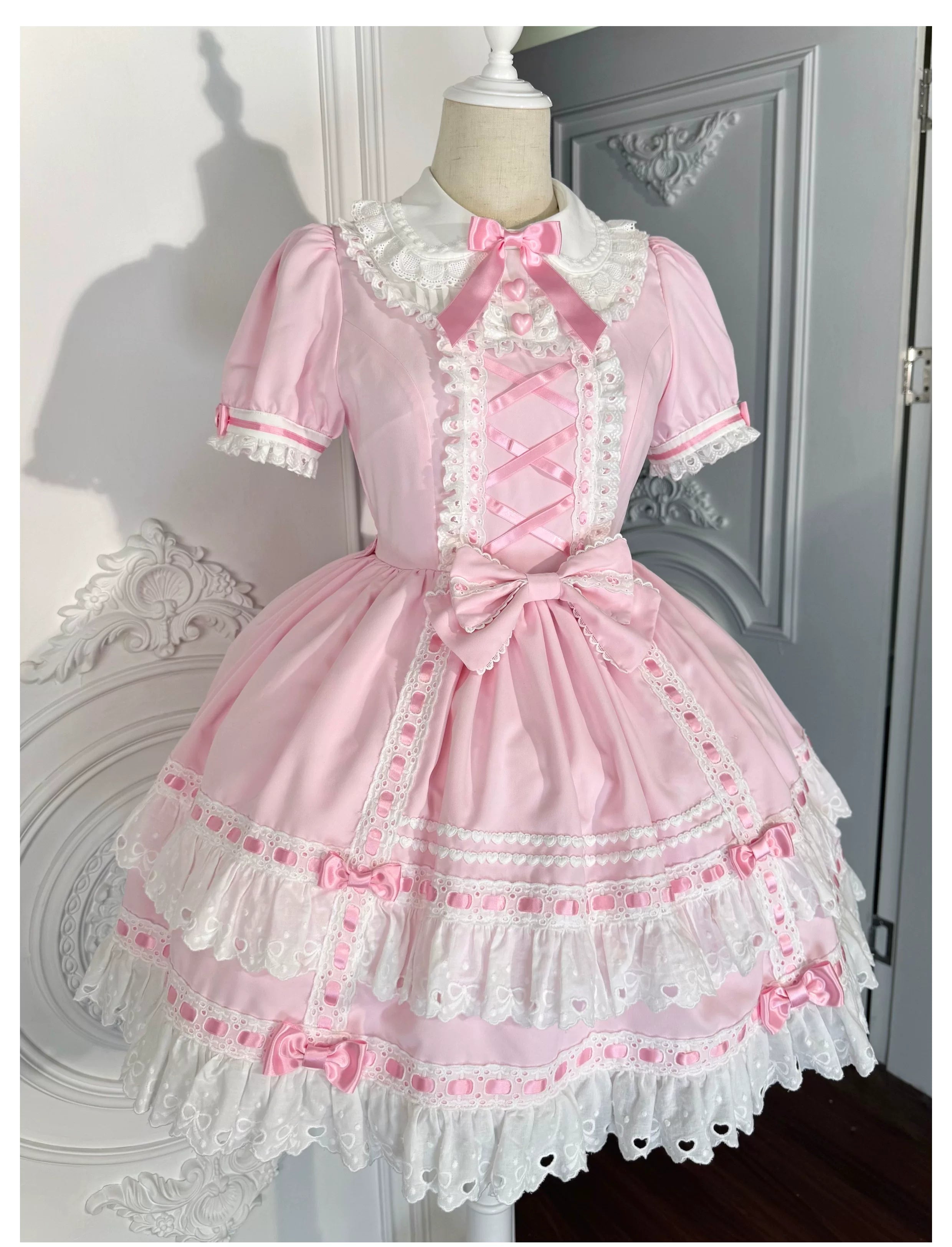 Ribbon Story - Sweet Lolita Short Sleeve OP Dress, Peter Pan Collar Pink OP Only + Waist Bow S