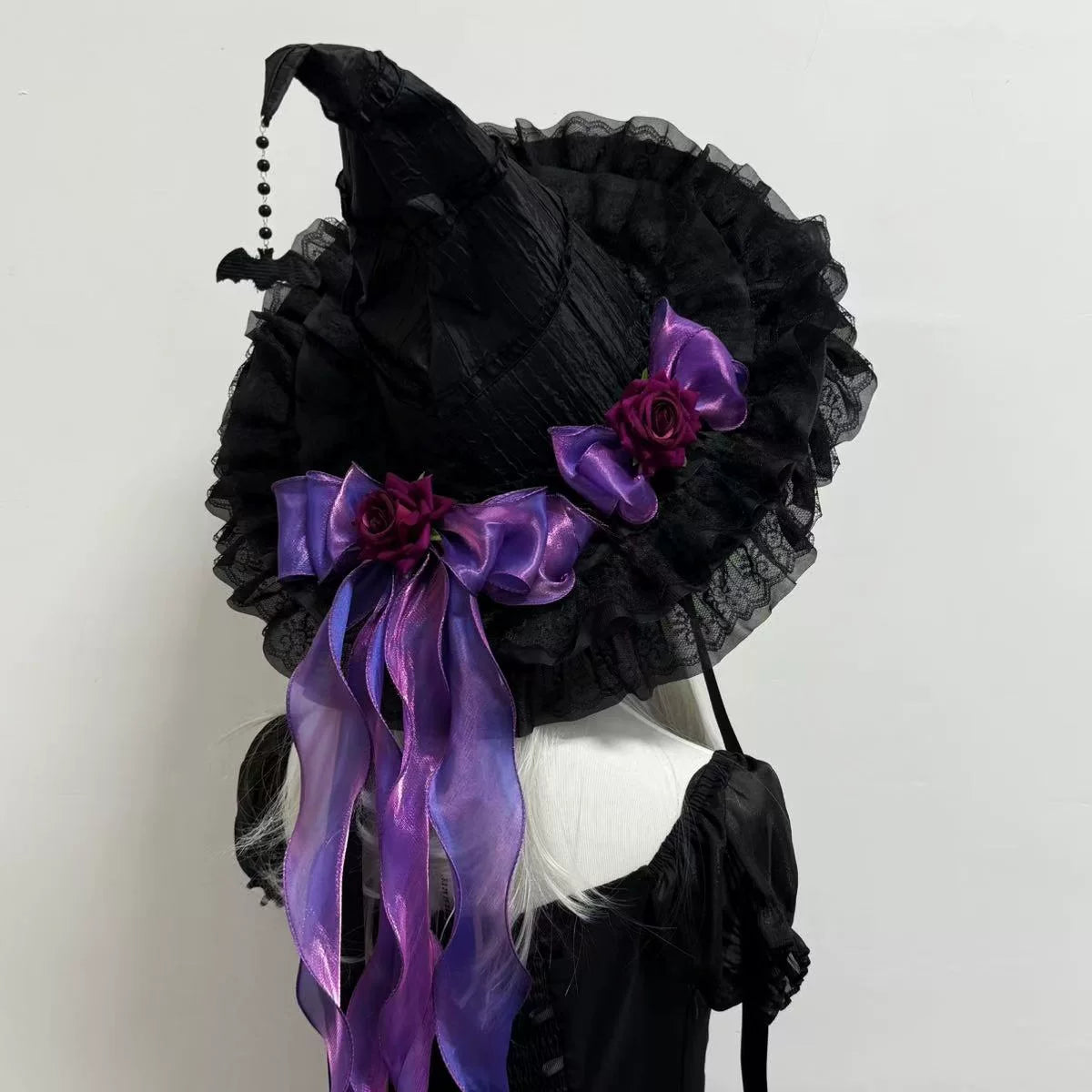 Gothic Lolita Witch Hat, Detachable Bow Black Hat (with plain brim) + Purple Bow