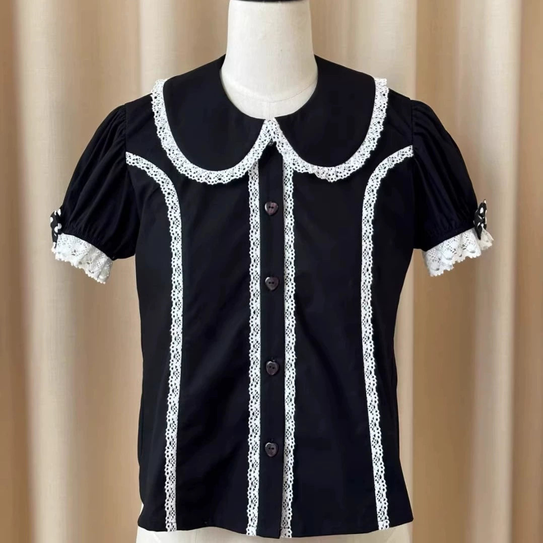 Sweet Dream Sheep - Polka Dot Tri-Hem - Cotton Sweet Lolita Salopette, Peter-pan Shirt (L M S XL) 43282:775673