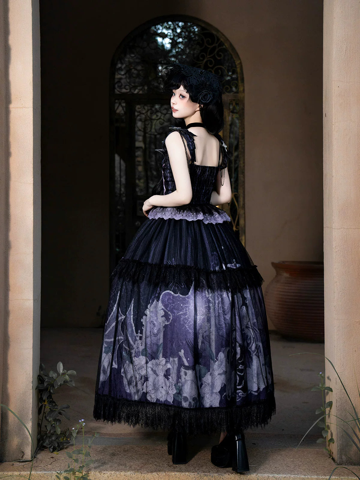 Your Princess - Withered Bone Specter - Gothic Lolita Skirt Set, Rose & Skeleton Hand Decor