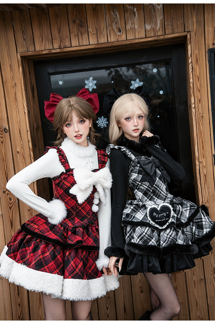 With PUJI - Snow Night Serenade - Fluffy Plaid Kawaii Lolita JSK, Reversible Cape 44279:802321