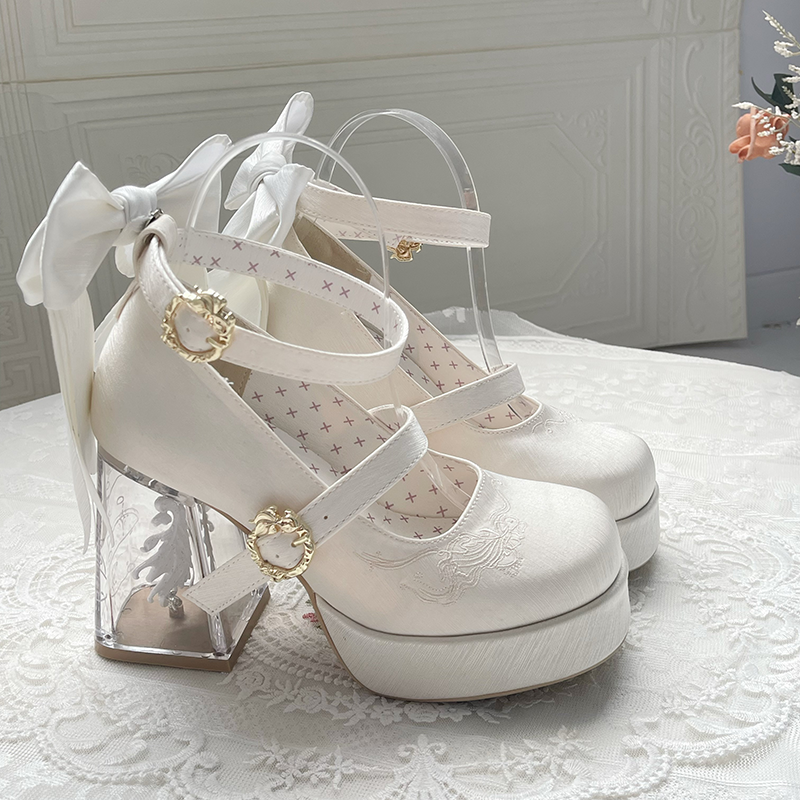 Dreamland - Floating Koi Land - Satin Classic Lolita Platform Shoes, Transparent Heel (34 35 36 37 38 39 40 41) 44317:804069