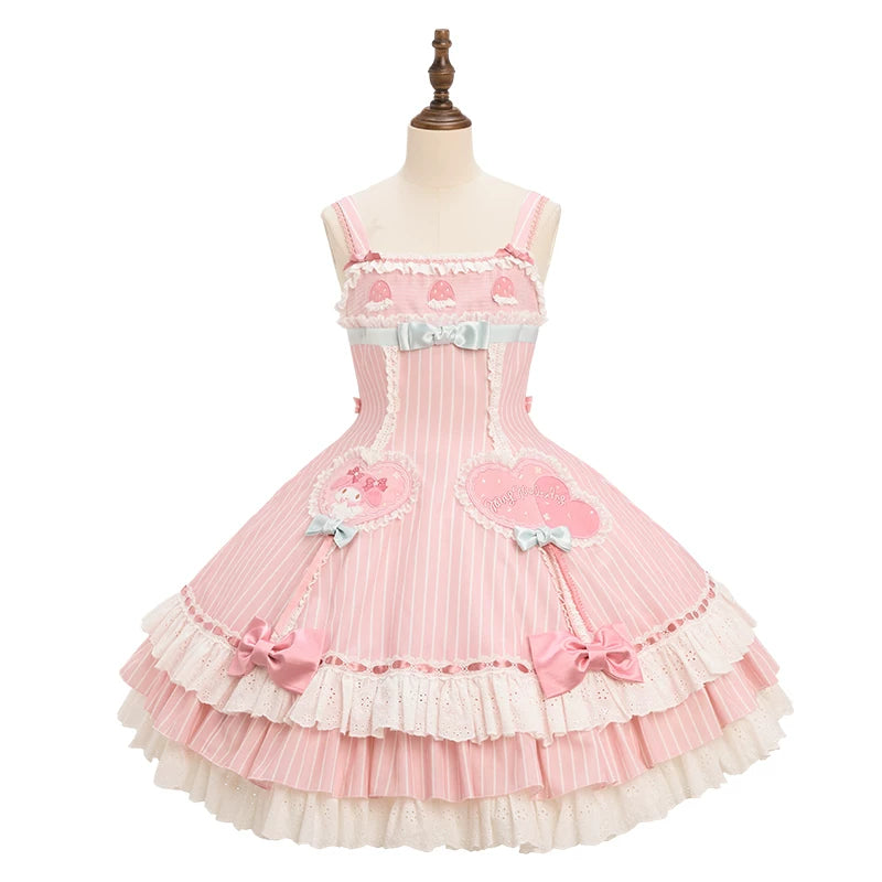 IP Collaboration Sweet Lolita Dress, Gorgeous OP & Slim JSK White-pink Striped - Slim Fit JSK XS