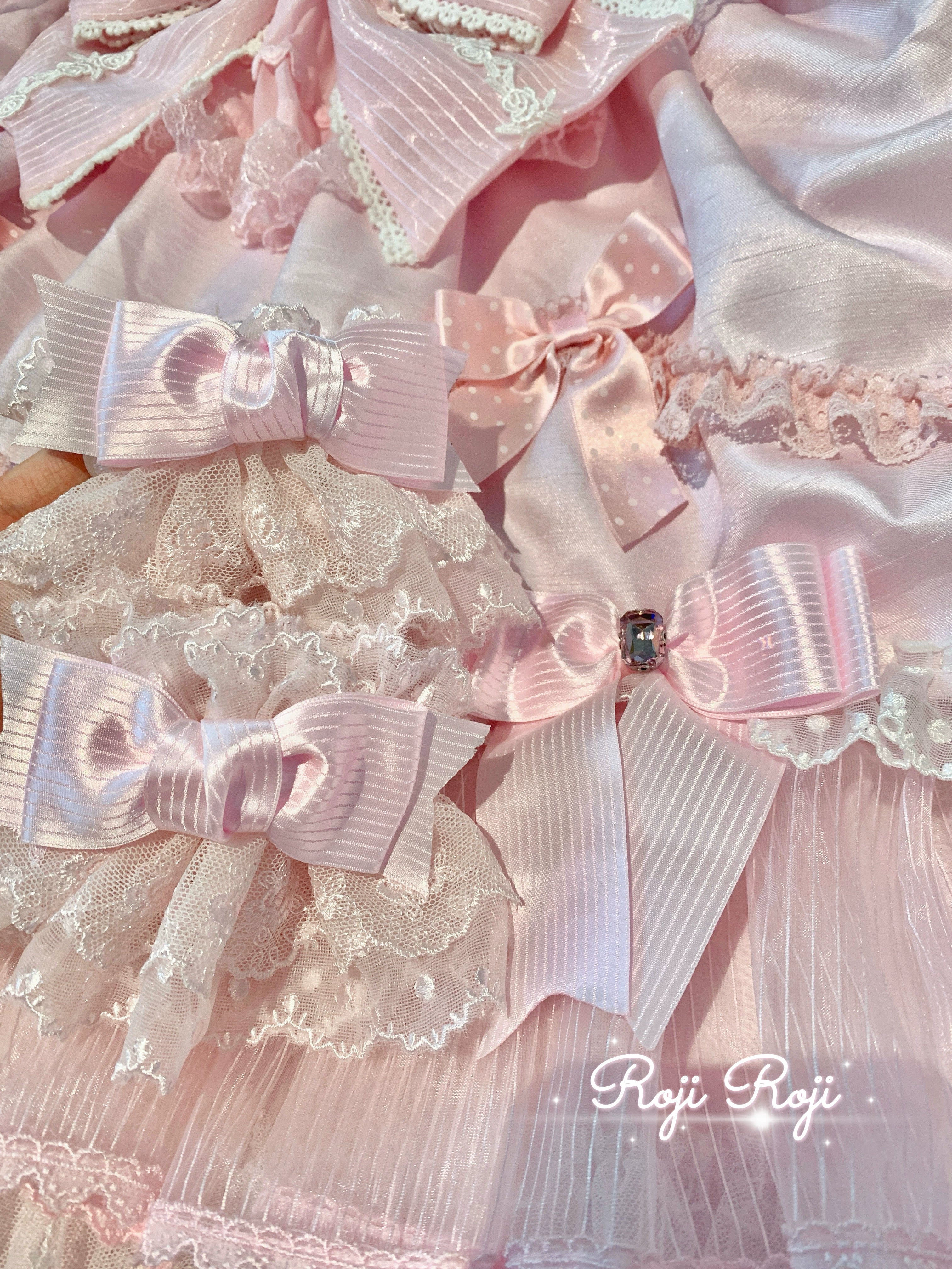 Roji Roji - Sweet Lolita Lace Bow Cuffs, Elastic Wrist Suitable Wrist Circumference 15-30cm Strawberry Angel - Pink Bow