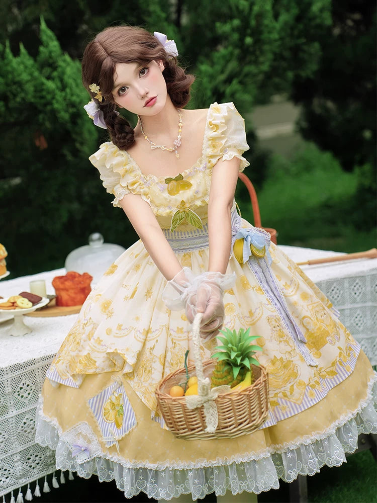 Lemon Drop - Classic Lolita Lemon & Bear Printed OP Dress 45501:851120