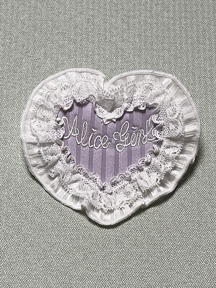 Alice Girl - Arrogant Miss - Heart-Shaped Lolita Brooch with Lace and Embroidery Purple