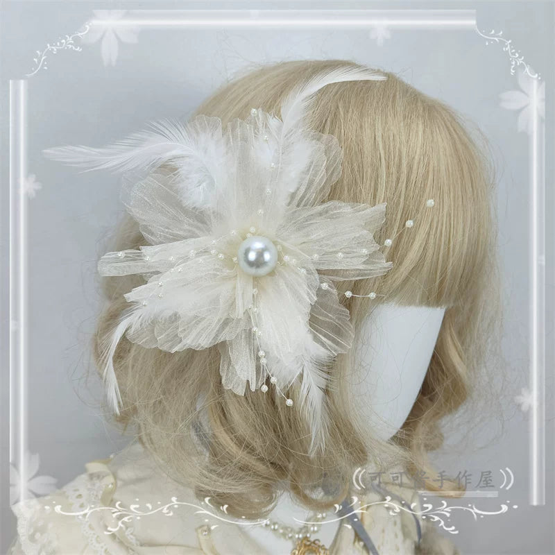 Floral Shaped Lolita KC, Pearls Accent Headdress One Size Ivory - 2-in-1 Hair Clip
