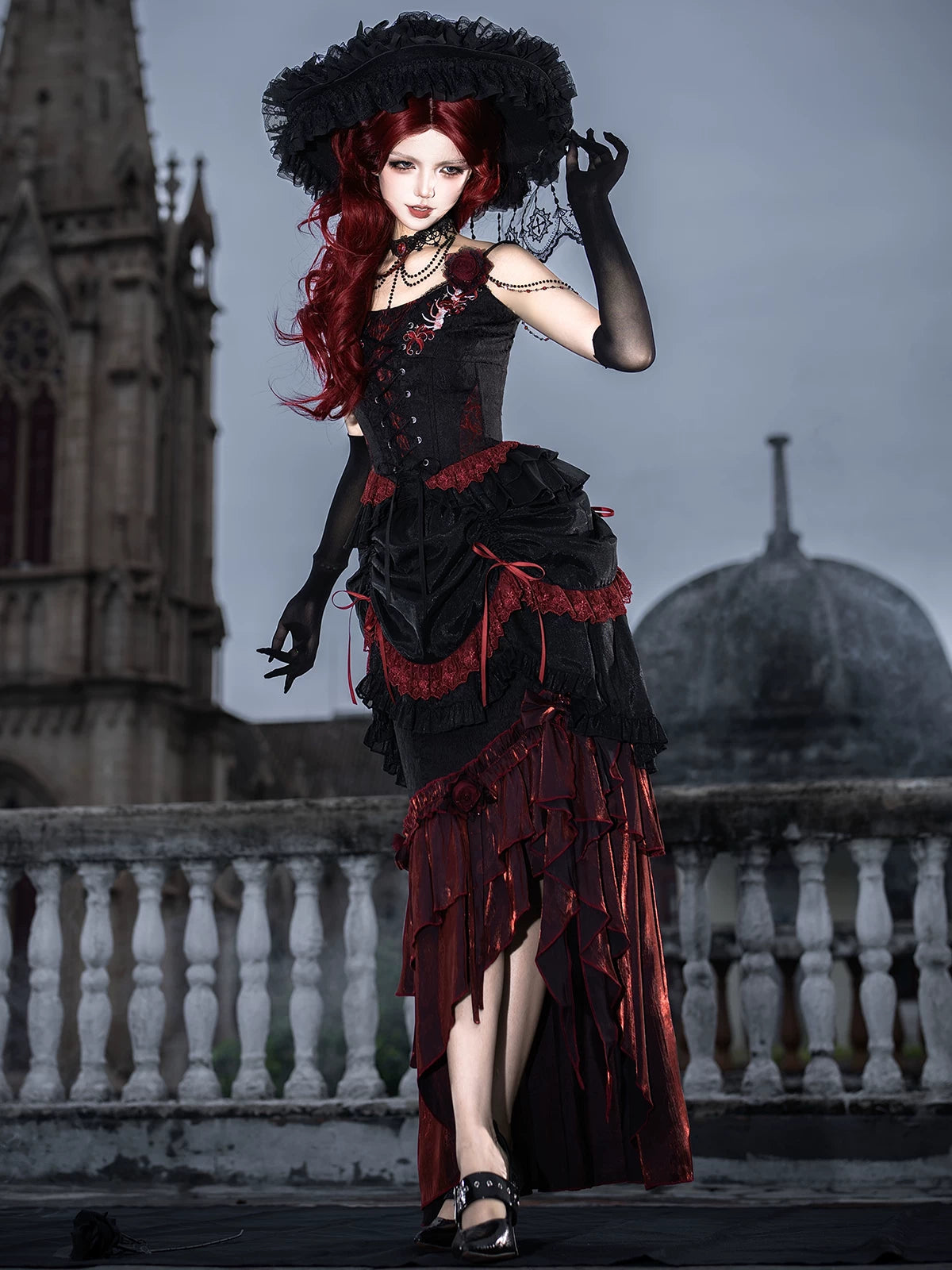 Bone Rot Bloom - Gothic Lolita Embroidered Camisole & Drawstring Lift-up Hem Skirt 45593:854831