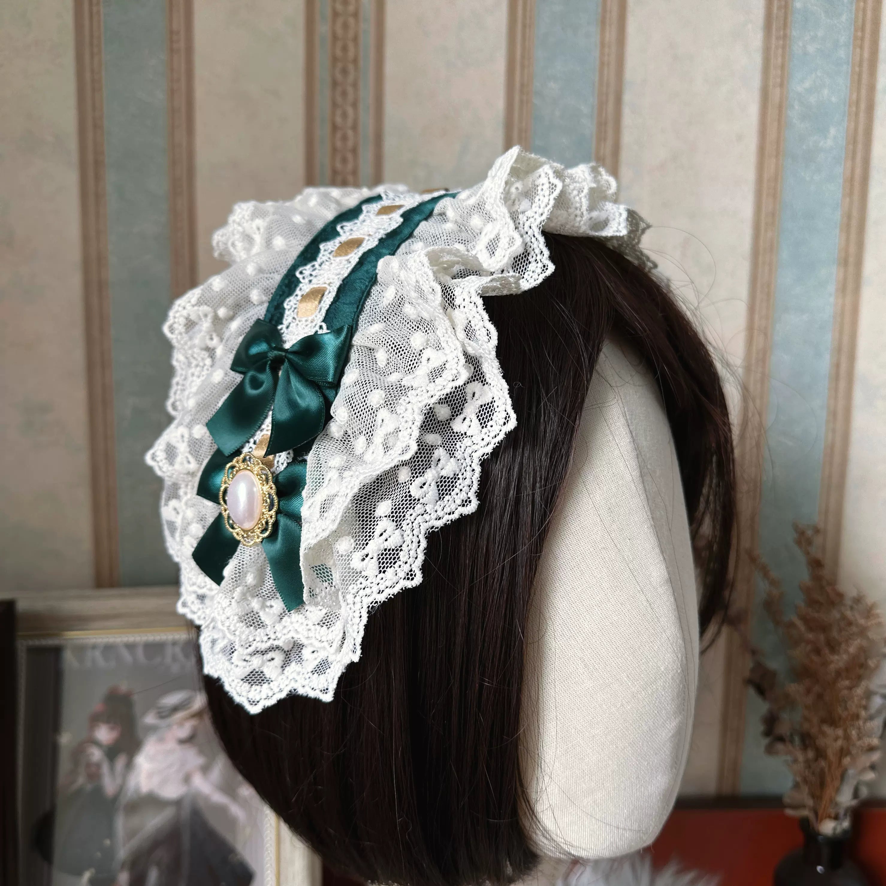 Krncrlo - Cello Vintage Elegant 3 Tiered Lolita Jumper Dress S Dark green hairband