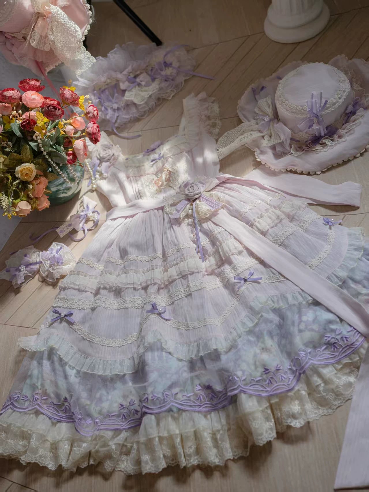 Lily of the Valley Lamb - Classic Lolita Tiered Hem JSK Dress with Embroidery 45277:852090