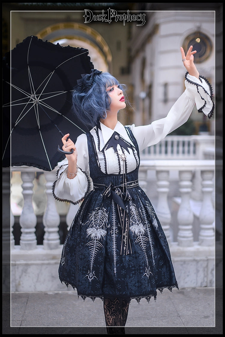 DuskProphecy - Coccyx - Elegant Lolita Dress High Waist Fishbone Print JSK Set 34722:466390