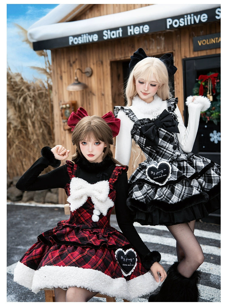 With PUJI - Snow Night Serenade - Fluffy Plaid Kawaii Lolita JSK, Reversible Cape 44279:802360