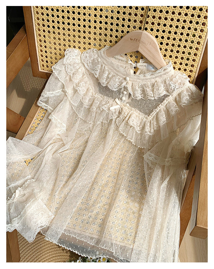 With PUJI~Letters and Poems~Summer Classic Lolita Shirt with Dotted Tulle and Long Sleeve 42792:753887