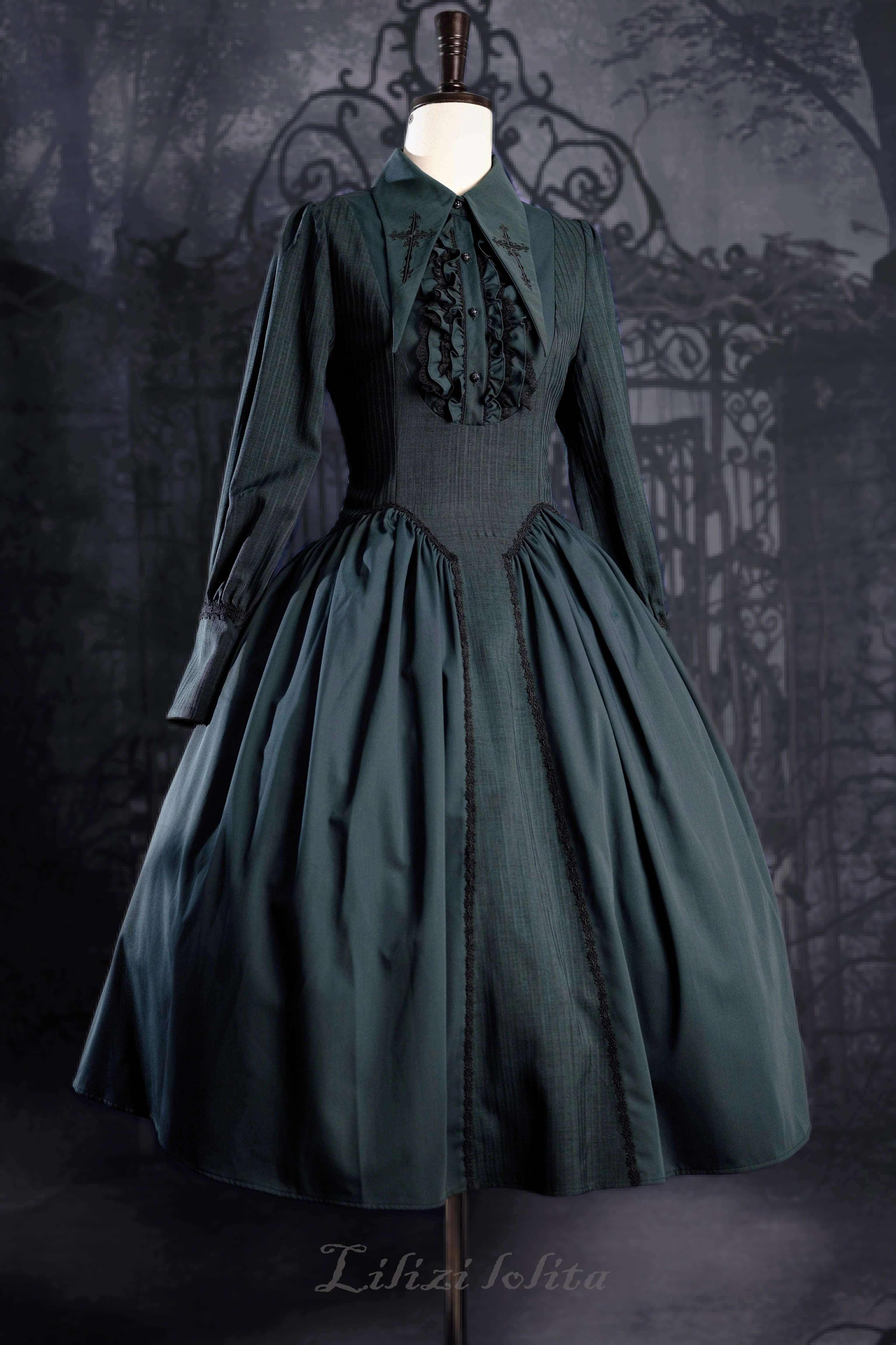 Lilizi~Redemption Song~Gothic Lolita OP Dress Cross Embroidery Tiered Hem XS green long OP (L M S XL XS) 37626:564350