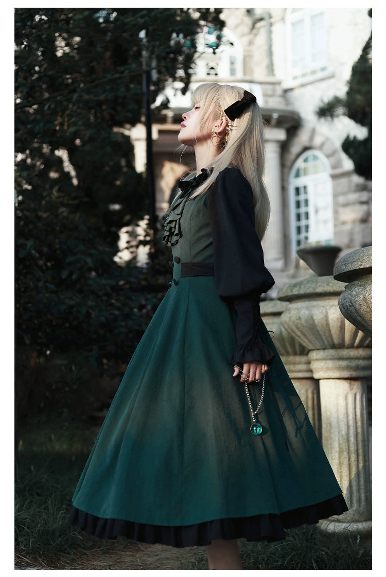 With PUJI - College of Potions - Elegantt Lolita OP Dress Black and Green Dress with Cape