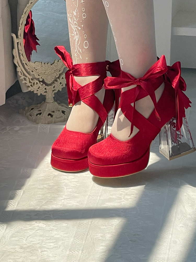 Dreamland - Floating Koi Land - Satin Classic Lolita Platform Shoes, Transparent Heel 44317:804099