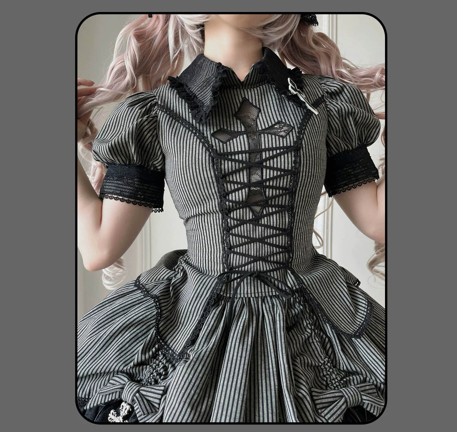 Susin Lolita - Striped Cross - Gothic Coordinated Lolita Set, Adjustable Blouse & Skirt 43331:773938