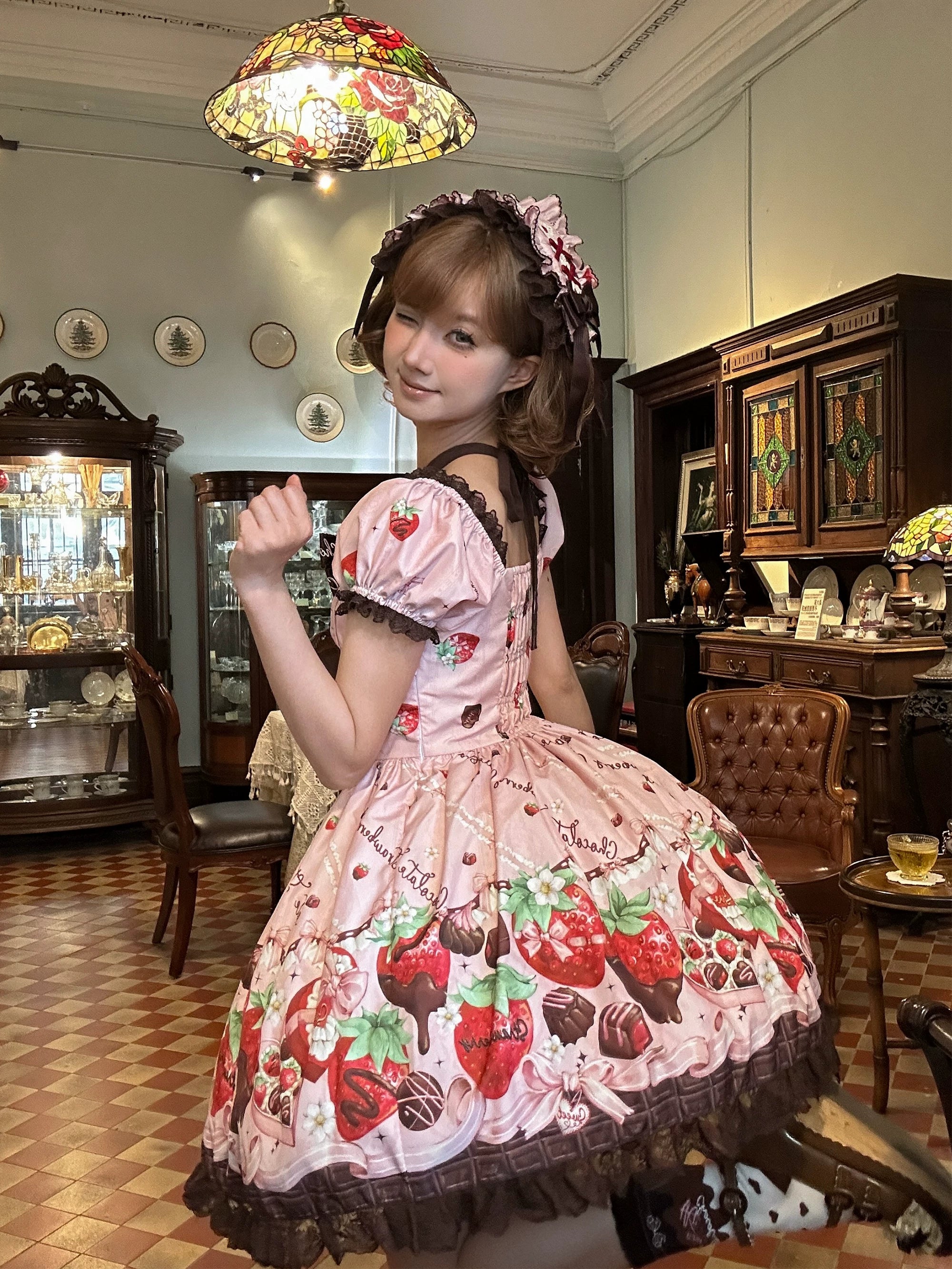 Strawberry Chocolate Lovers - Kawaii Lolita Embroidered Printed Dress