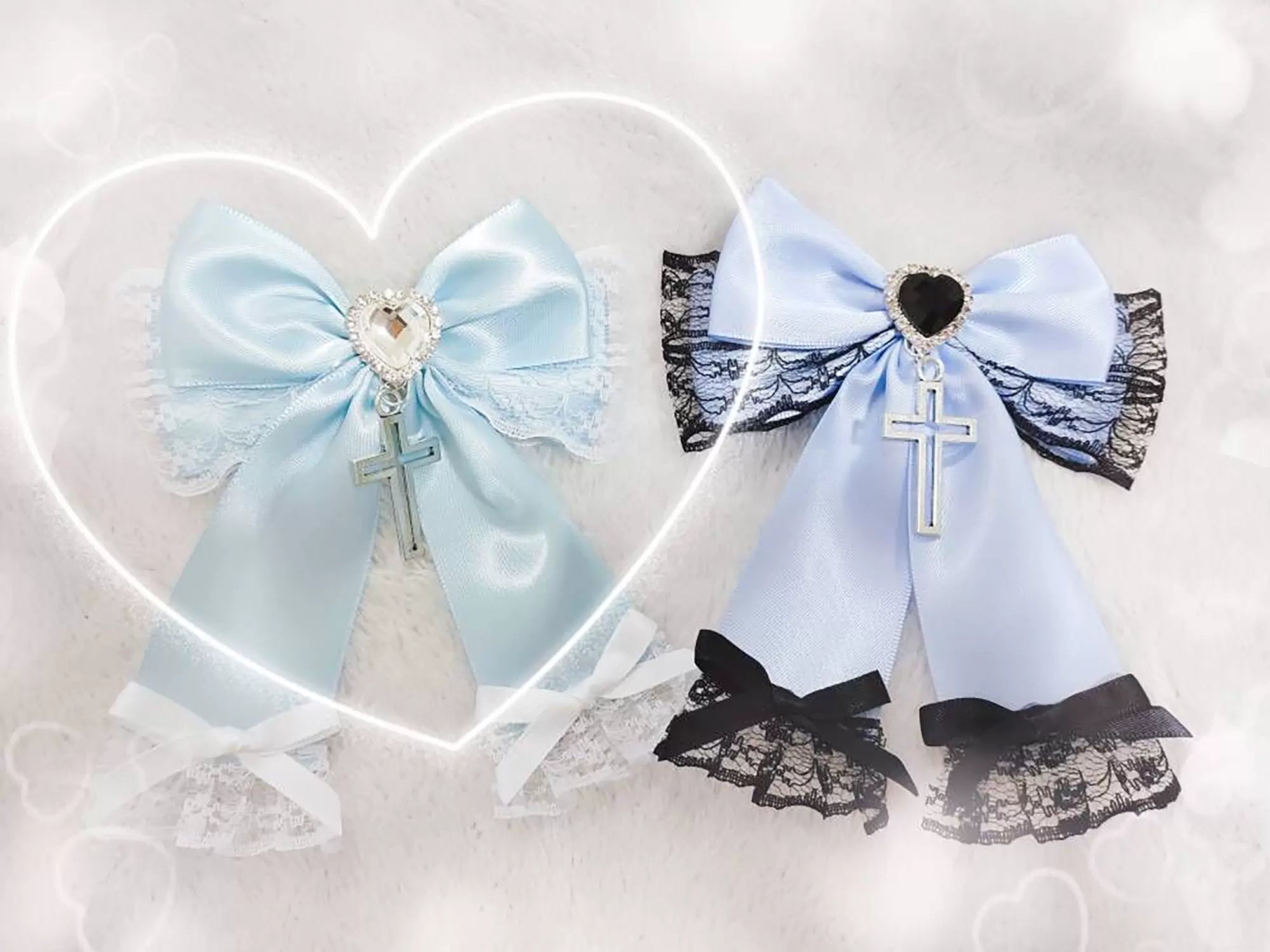 Rabbit Lolita - Landmine - Gothic Lolita Bow Clips Love Lace Cross Hair Accessory Light blue
