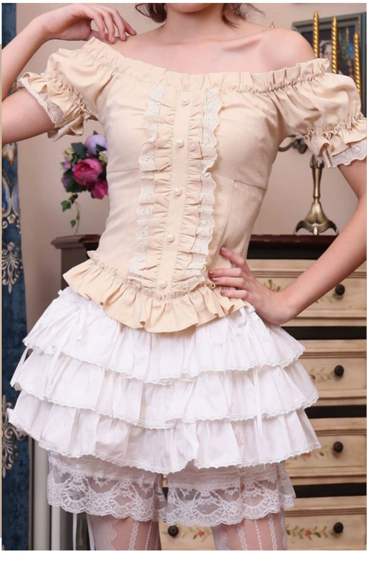 Lace Garden - Elegant Lolita Lace Shirt, Off-Shoulder
