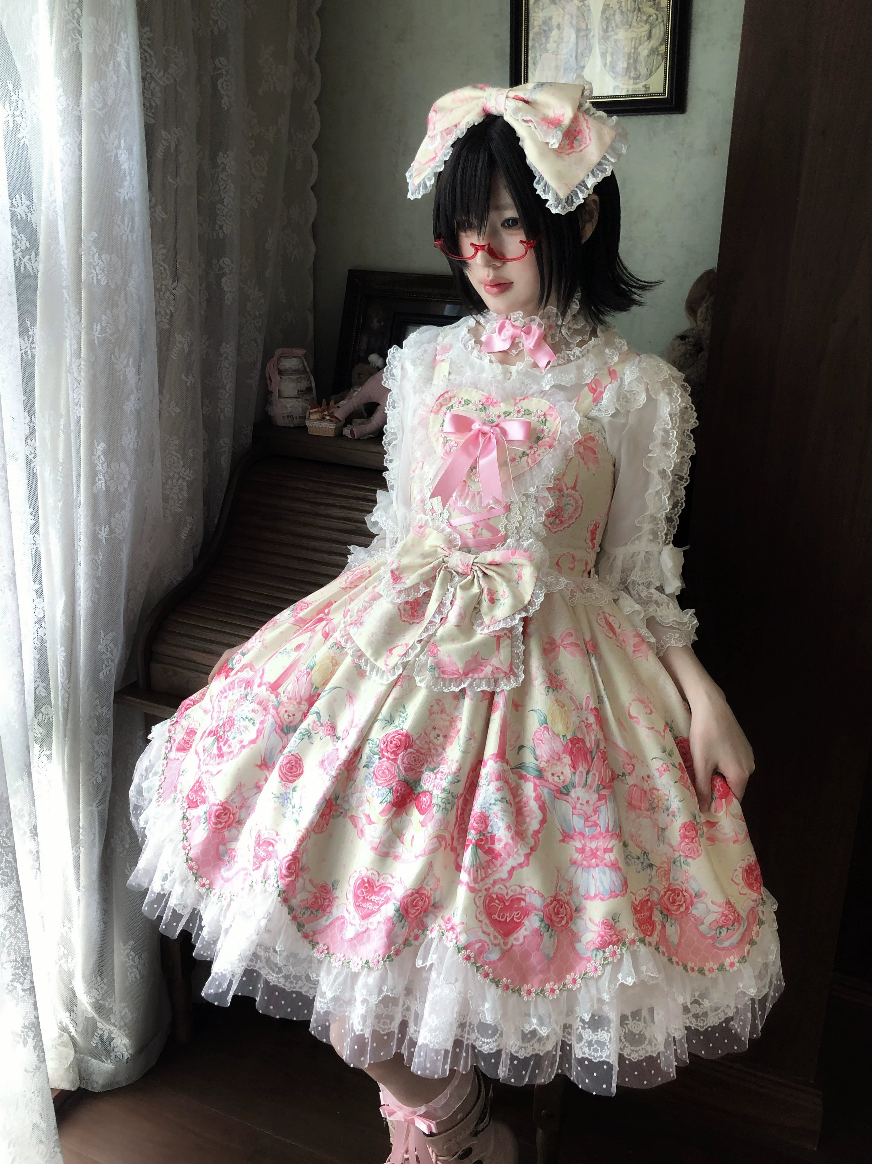 Valentine Bouquet - Old School Lolita Bouquet Printed JSK Dress with Bows 45553:852617