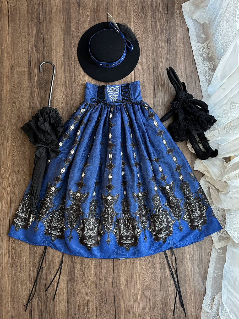 Moonnight Return - Fishbone Gothic Lolita SK Dress, Drawstring lift-up Hem Printed - Blue SK XS