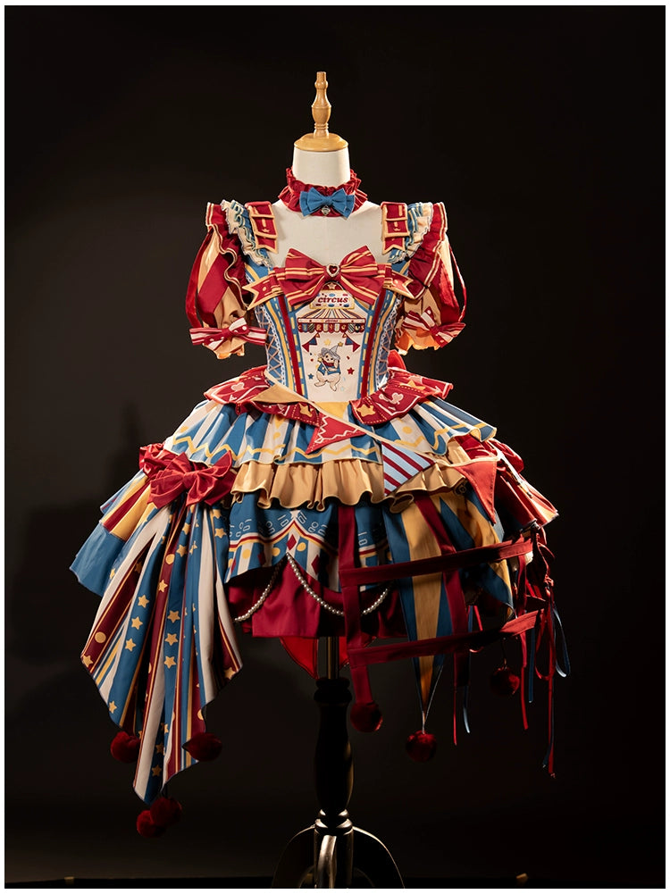 Circus Fairy Tale Opener - Doll-Like Kawaii Lolita Dress S Red, yellow and blue color scheme Single dress set (dress + detachable sleeves)
