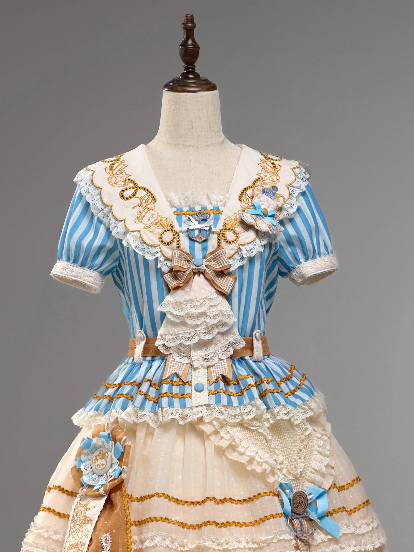 Antique Naval Bear - Striped Classic Lolita Sailor Collar OP, Bear Embroidery (L M S XL XS) 45518:853999