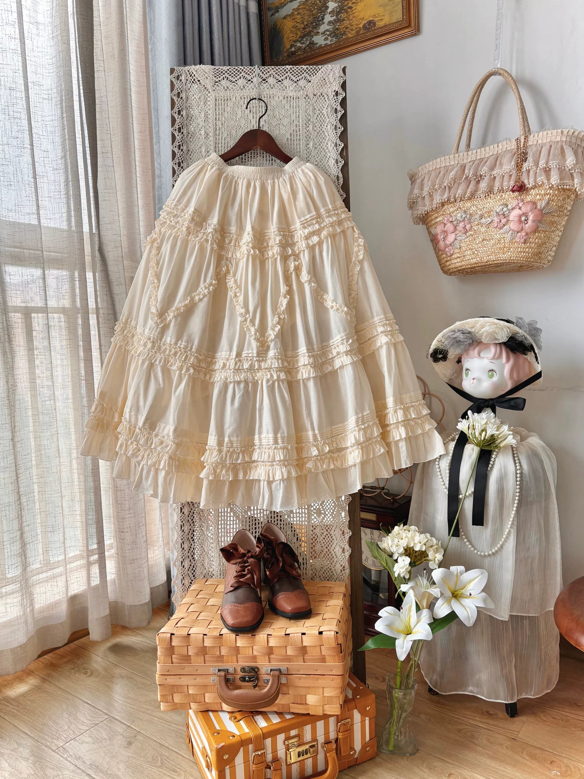 Country Lolita Underskirt, Cotton & Tiered Ruffles Ivory S