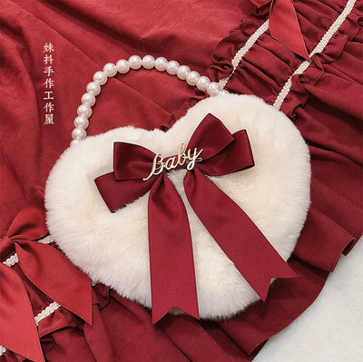 MAID~Kawaii Lolita Heart Bag Plush Pearl Chain Handbag Burgundy  