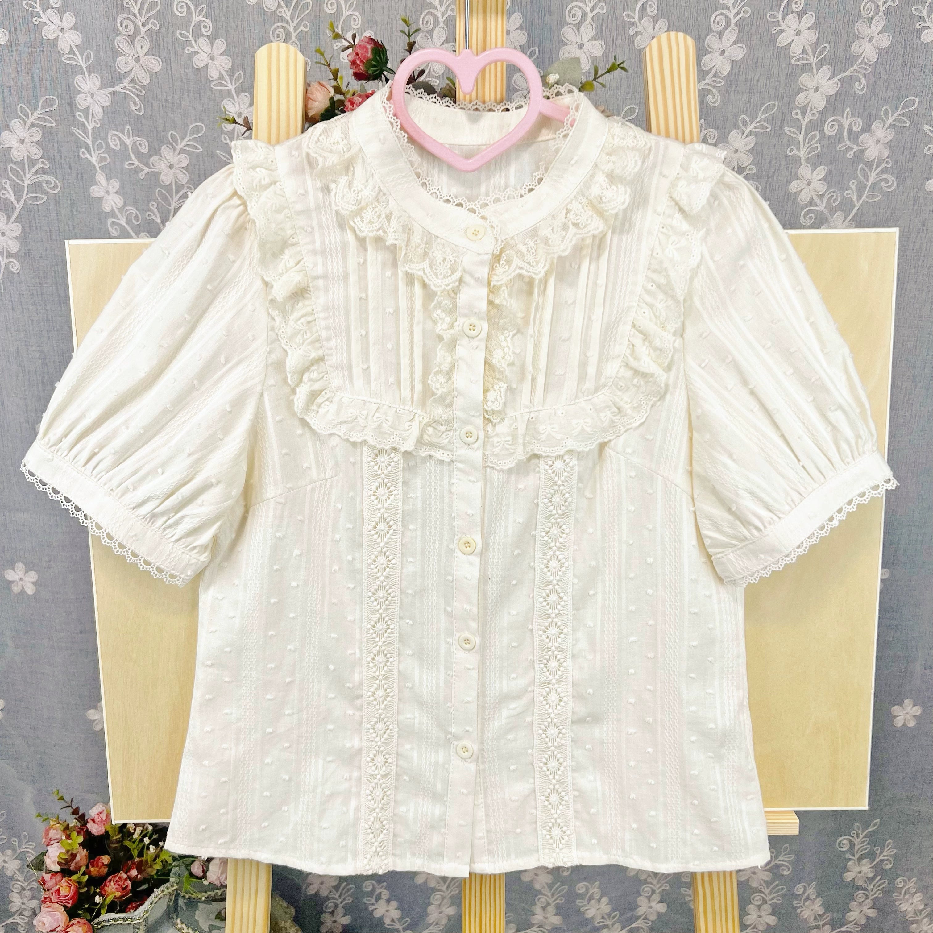 DMFS Lolita - Sweet Lolita Blouse Cotton Summer Short Sleeve Shirt S Apricot - short sleeves