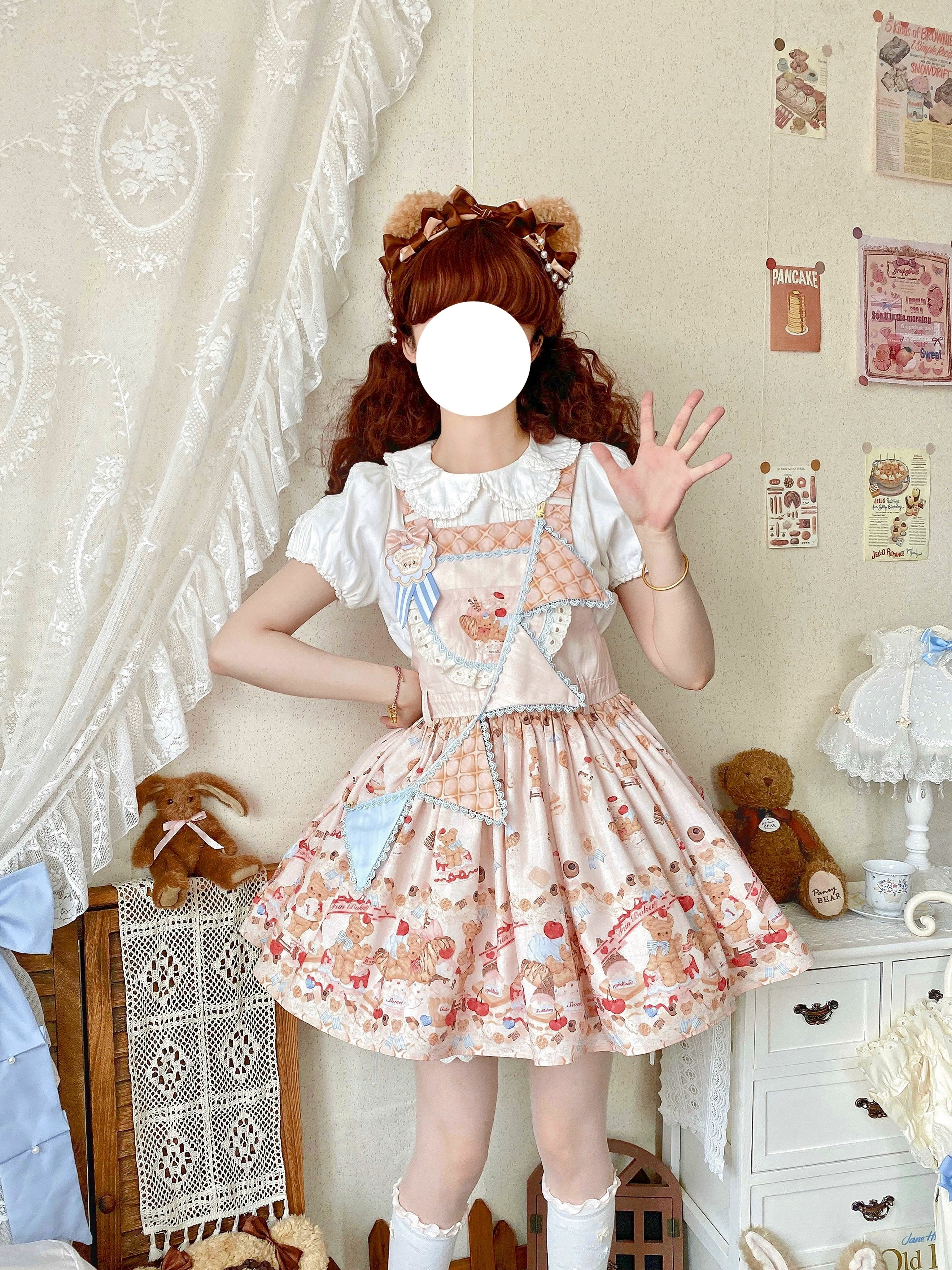 White Tea Story - Little Bear Bonny - Kawaii Lolita Salopette, Bear & Dessert Print Ivory salopette + triangle bunting sash S