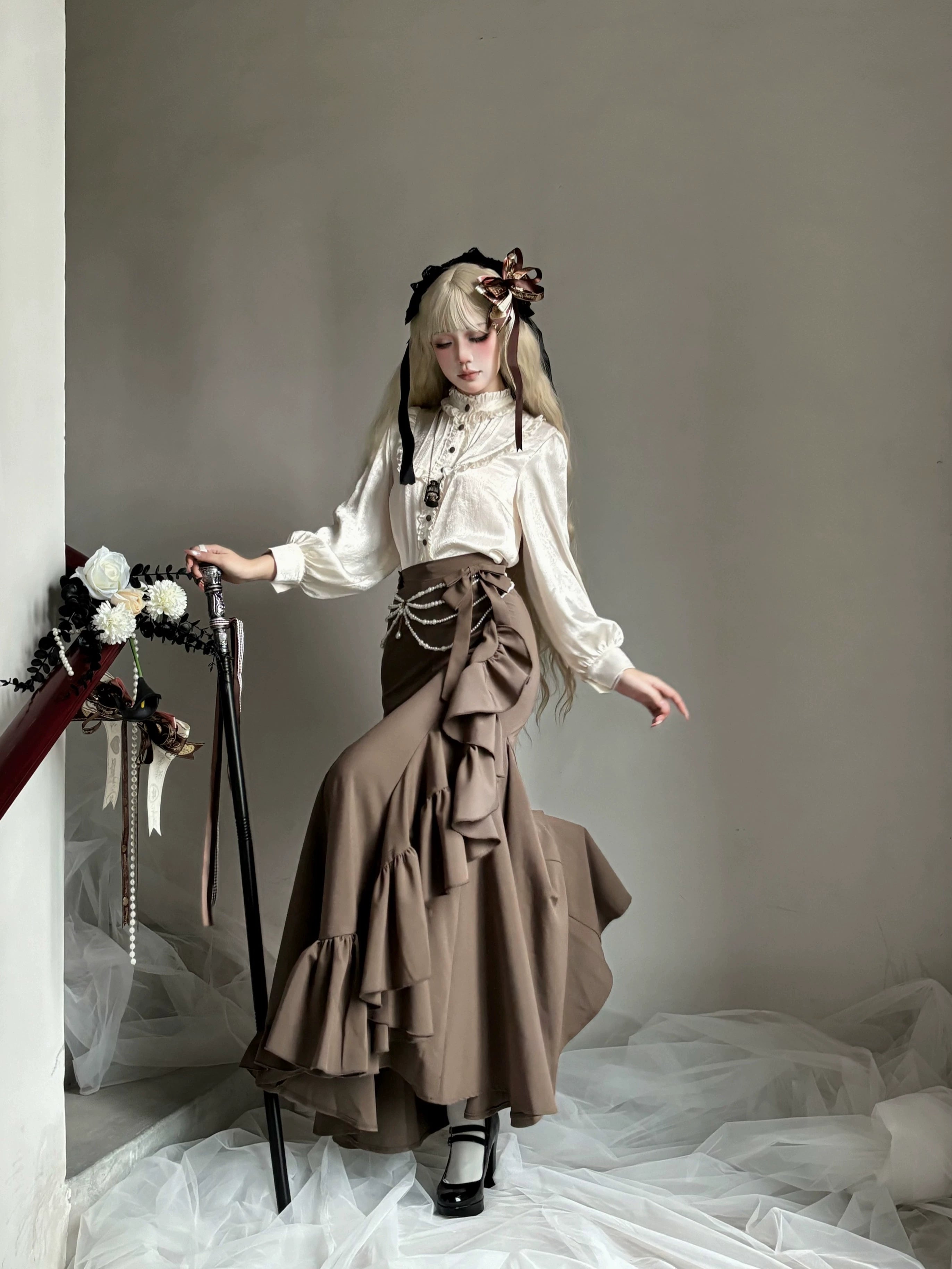 Muyu Handmade Studio - Evening Whispers of London - Brown Classic Lolita OP Dress, Mermaid Skirt Outfit 43993:791959