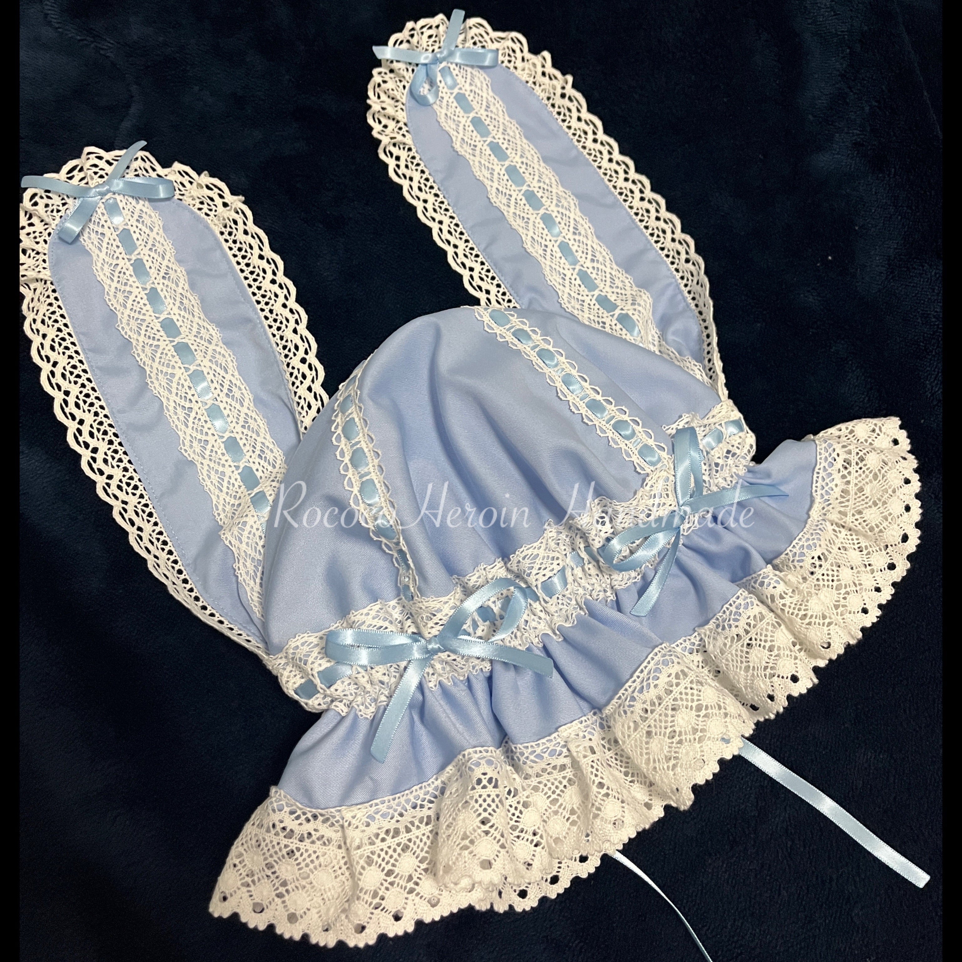 RococoHeroin - Handmade Lolita Bunny Hat Multiple Colors In stock light blue x white
