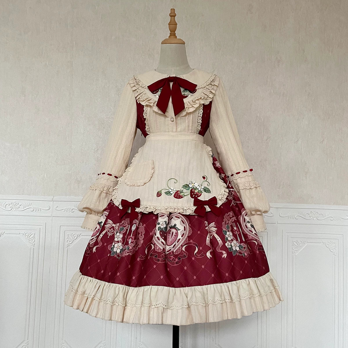 Strawberry Diary - Sweet Lolita Strawberry Print OP Dress with Cape OP + Apron S