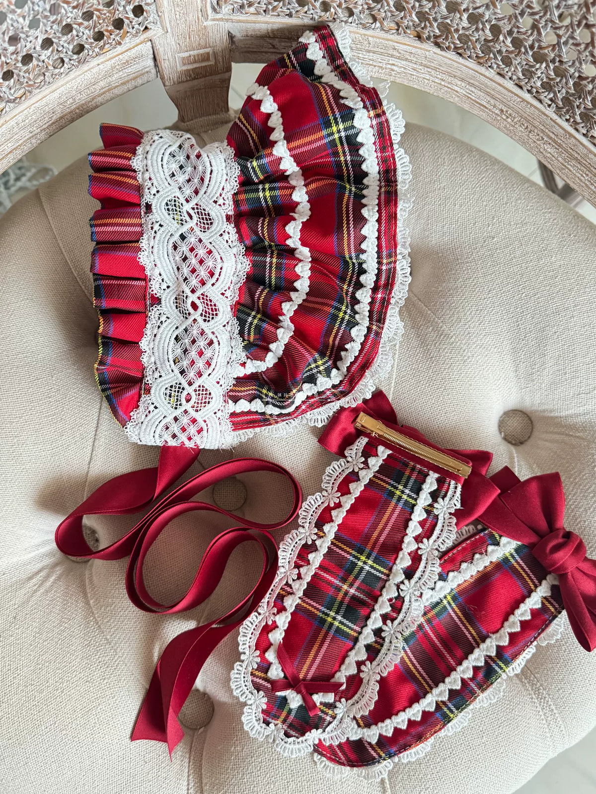 Red Plaid Lolita Headdress, Wire-edged Bunny Ear BNT
