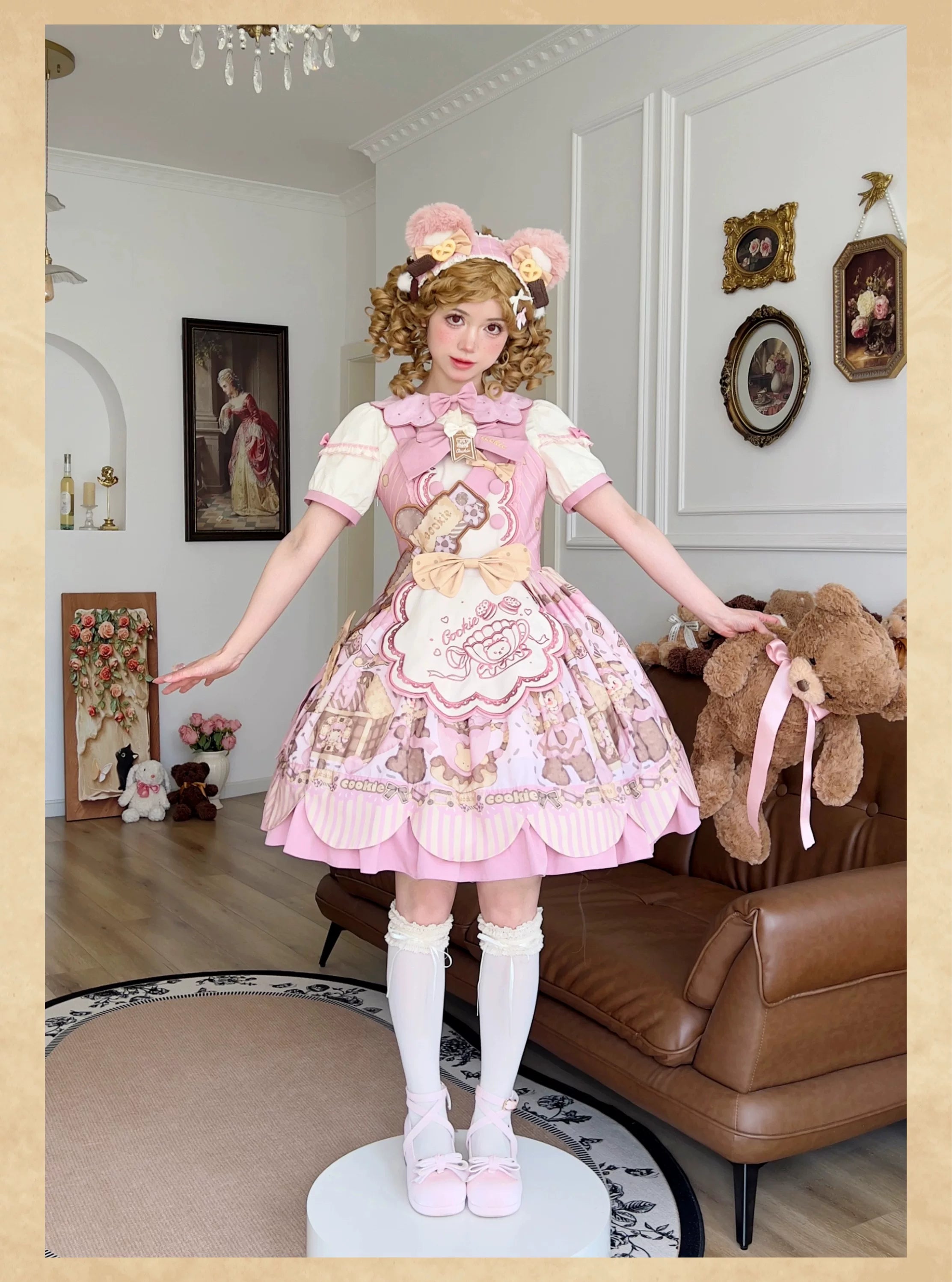 Bear Biscuit SP - Kawaii Lolita Bear Printed Dress Set with Bows (Pink / 2XL L M S XL) 45375:846422