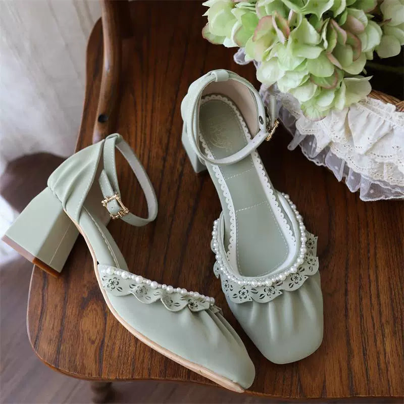 MR.Qiutian~Dance of Camellia~Elegant Lolita Chunky Shoes 5CM Heel Pearl Decoration 39200:615522