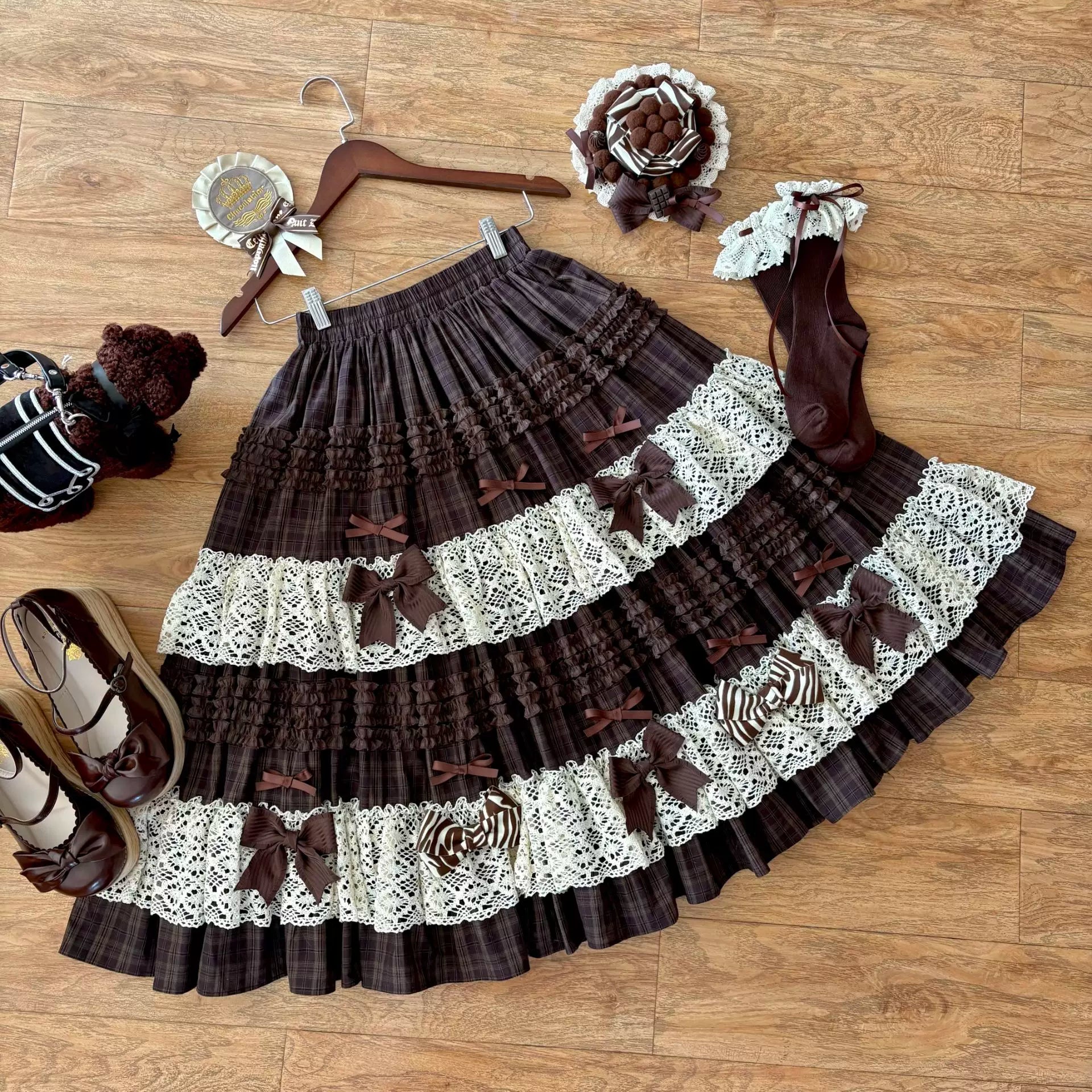 Coco Grace - Plaid Kawaii Lolita JSK Dress, Layered Ruffle & Bow Plaid SK Only One Size