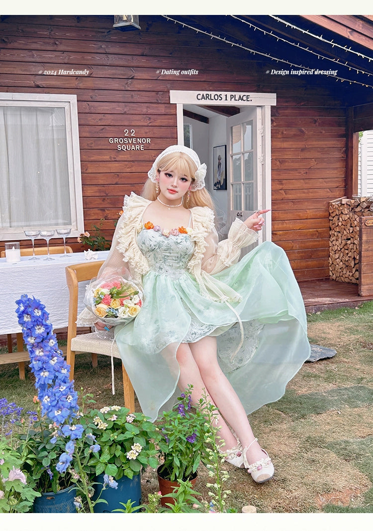 Yingtang - Plus Size Lolita JSK Dress Green Floral Lolita Dress Caidigan Set