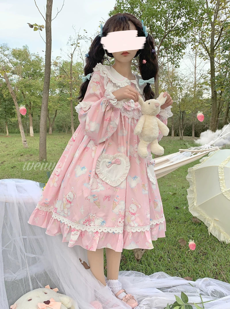 Sweet Soft Bunny - Printed Sweet Lolita OP Dress, Bunny Ears 44863:826545