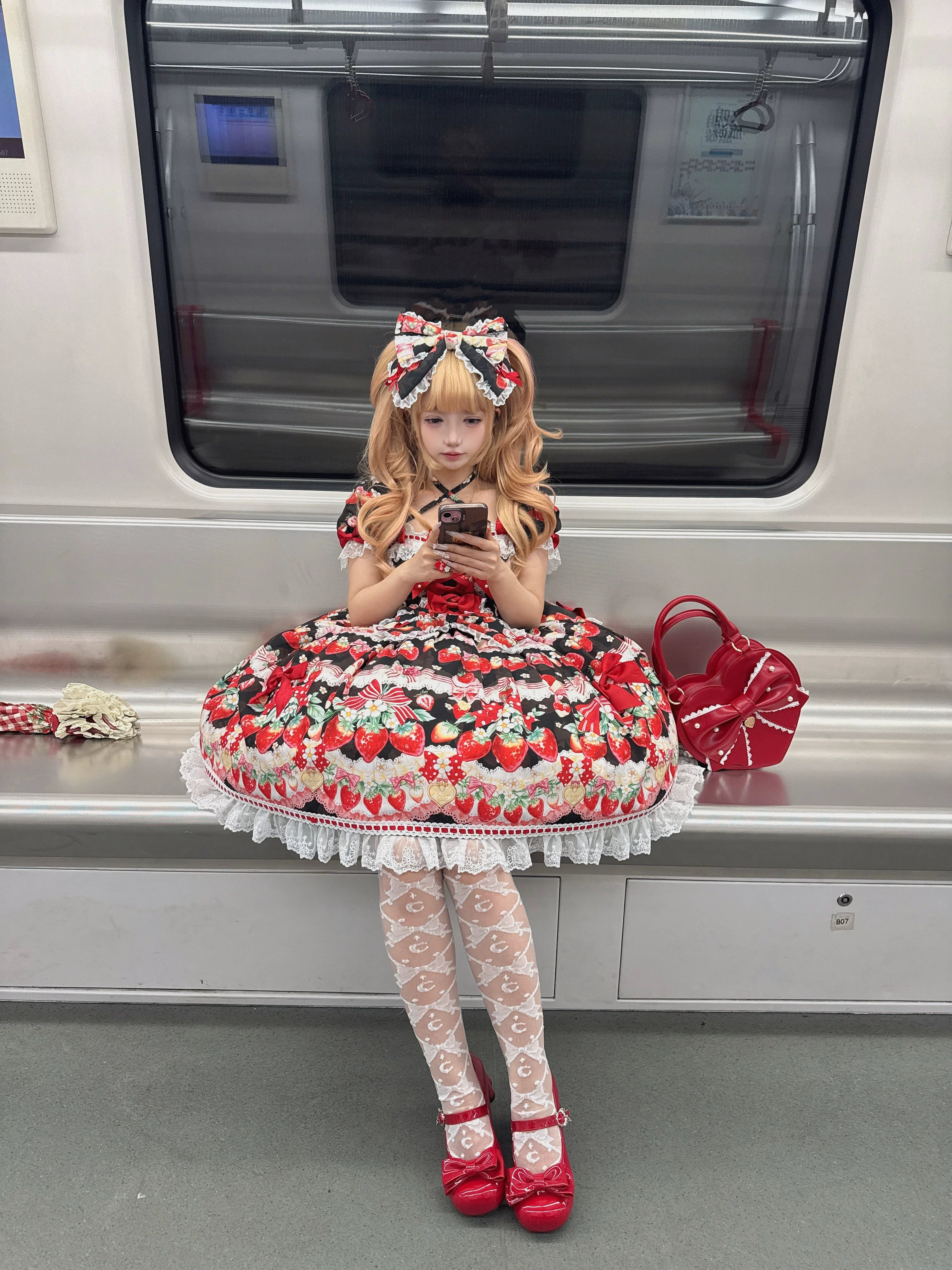 Strawberry Cream Bouquet - Printed Sweet Lolita OP Dress, Halter Neckline
