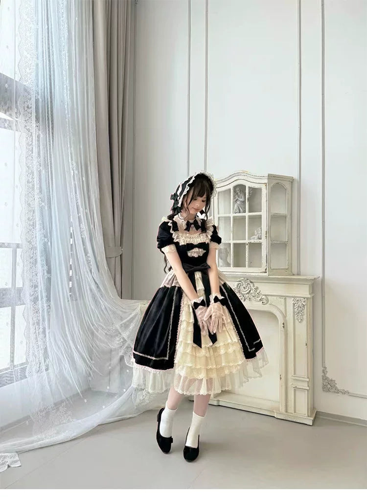 Spring of Golden Lily - Satin Classic Lolita Lily Print Dress, Front Opening 45507:852467