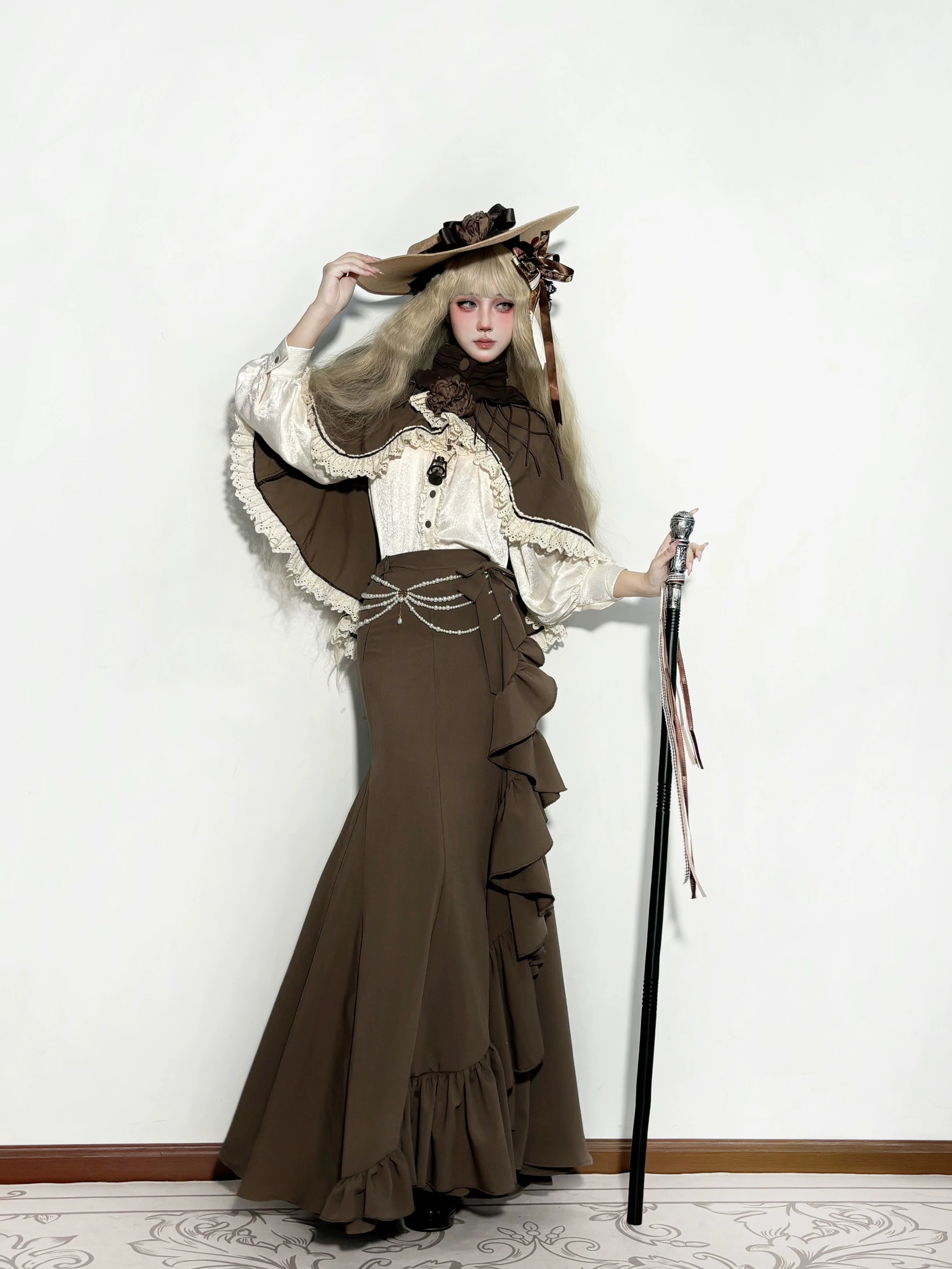 Muyu Handmade Studio - Evening Whispers of London - Brown Classic Lolita OP Dress, Mermaid Skirt Outfit 43993:791956