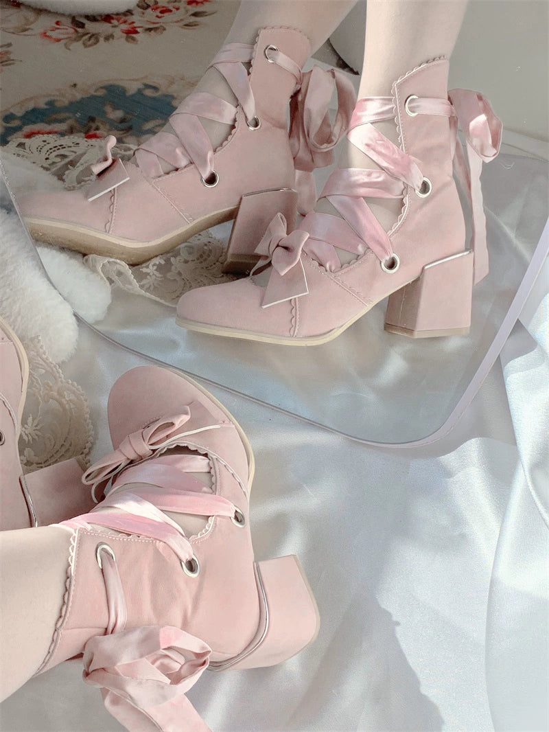 (BFM)MR.Qiutian~Muse Kiss~Elegant Lolita Shoes Lace-up Bow Heels Round Toe 33144:405804