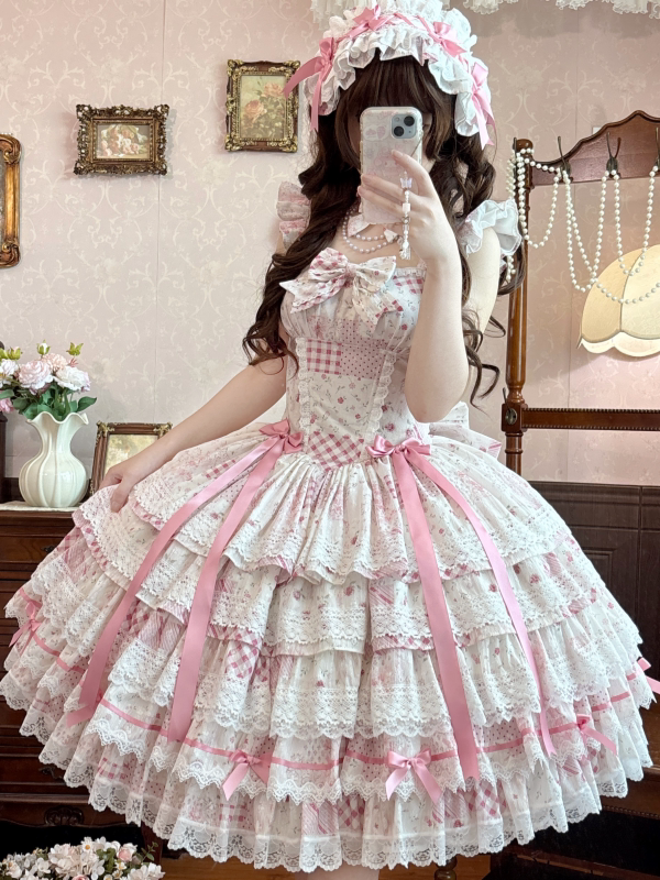 Flower Narrative Ballad - Classic Wedding Lolita Floral Printed JSK Dress with Tiered Hem 45728:859697