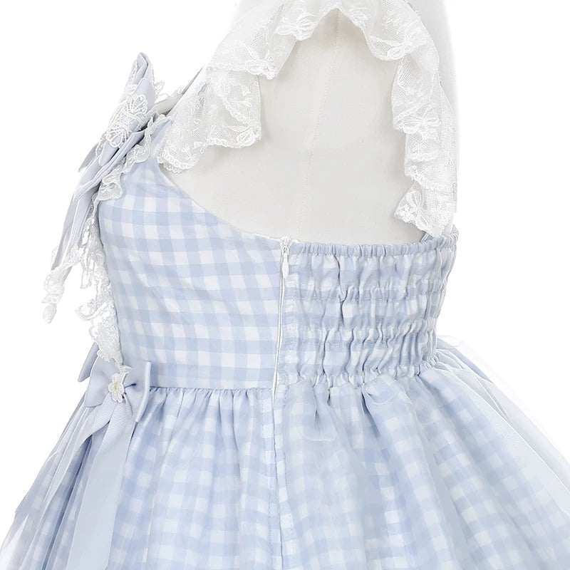 Daisy Cake - Blue Plaid Sweet Lolita JSK Dress, Daisy-trimmed Bows