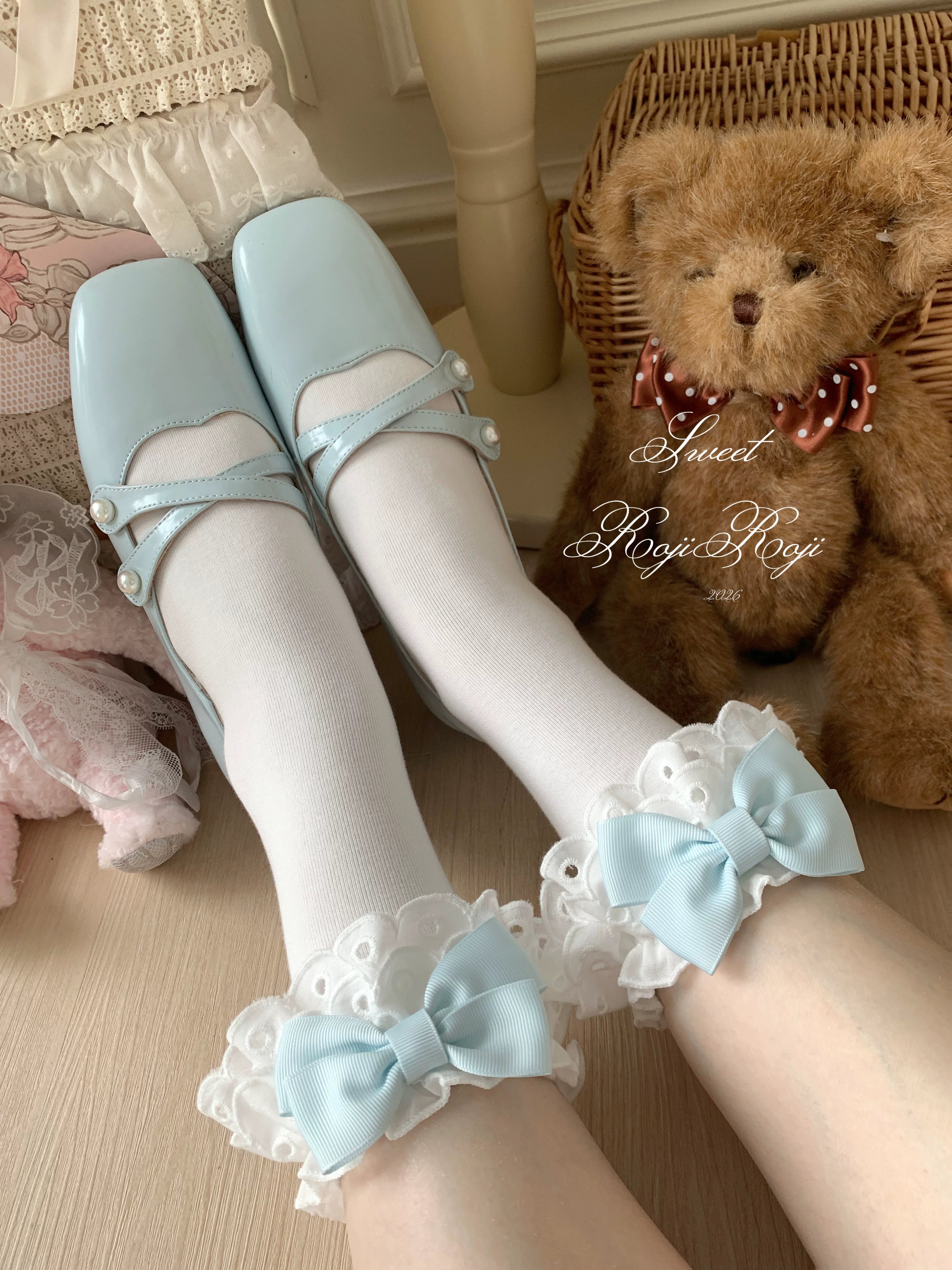 Cotton Classic Lolita Calf Socks, Double Layer Trim & Bow 45730:859935