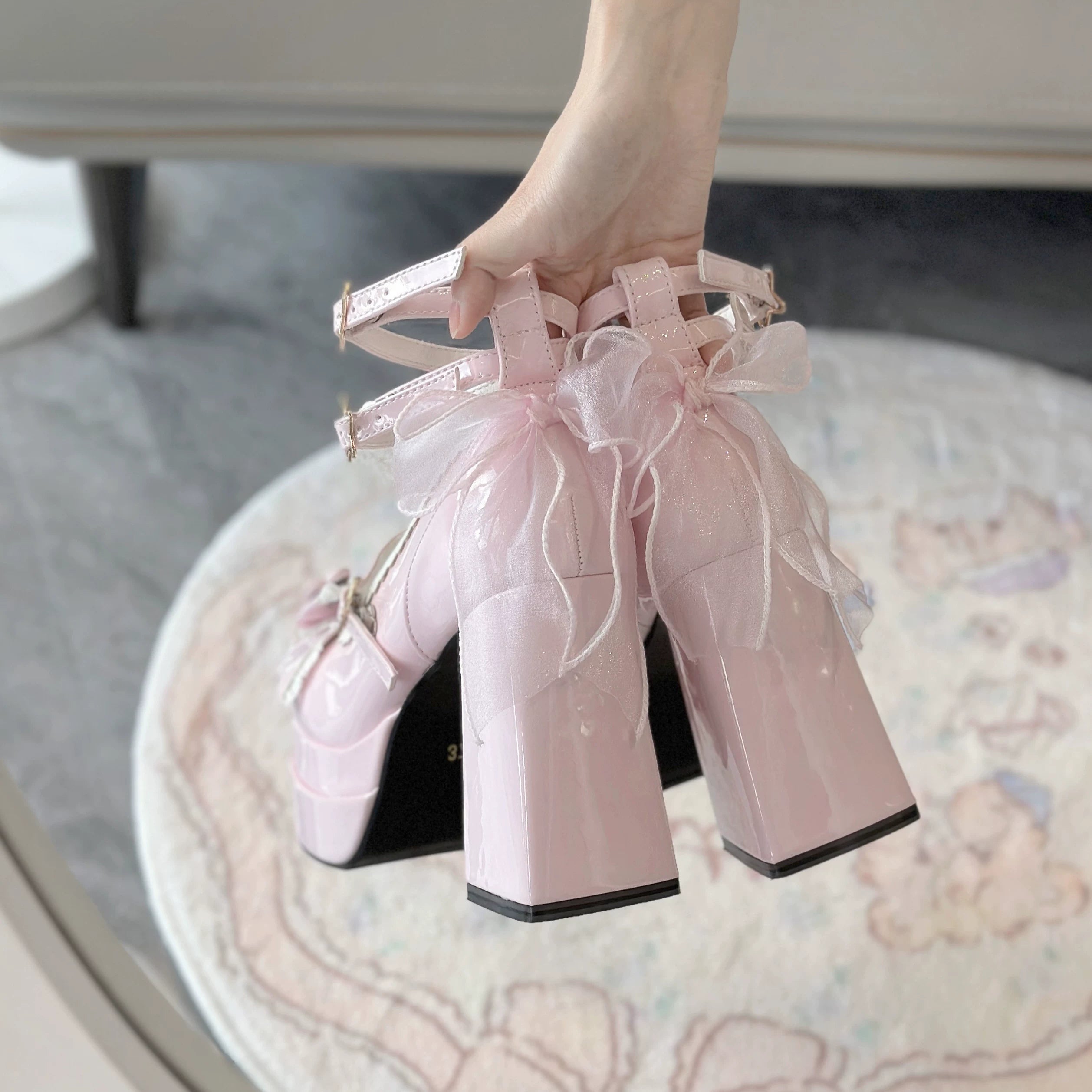 Puff Party - Elegant Lolita Chunky Heel Shoes, Bow & Straps