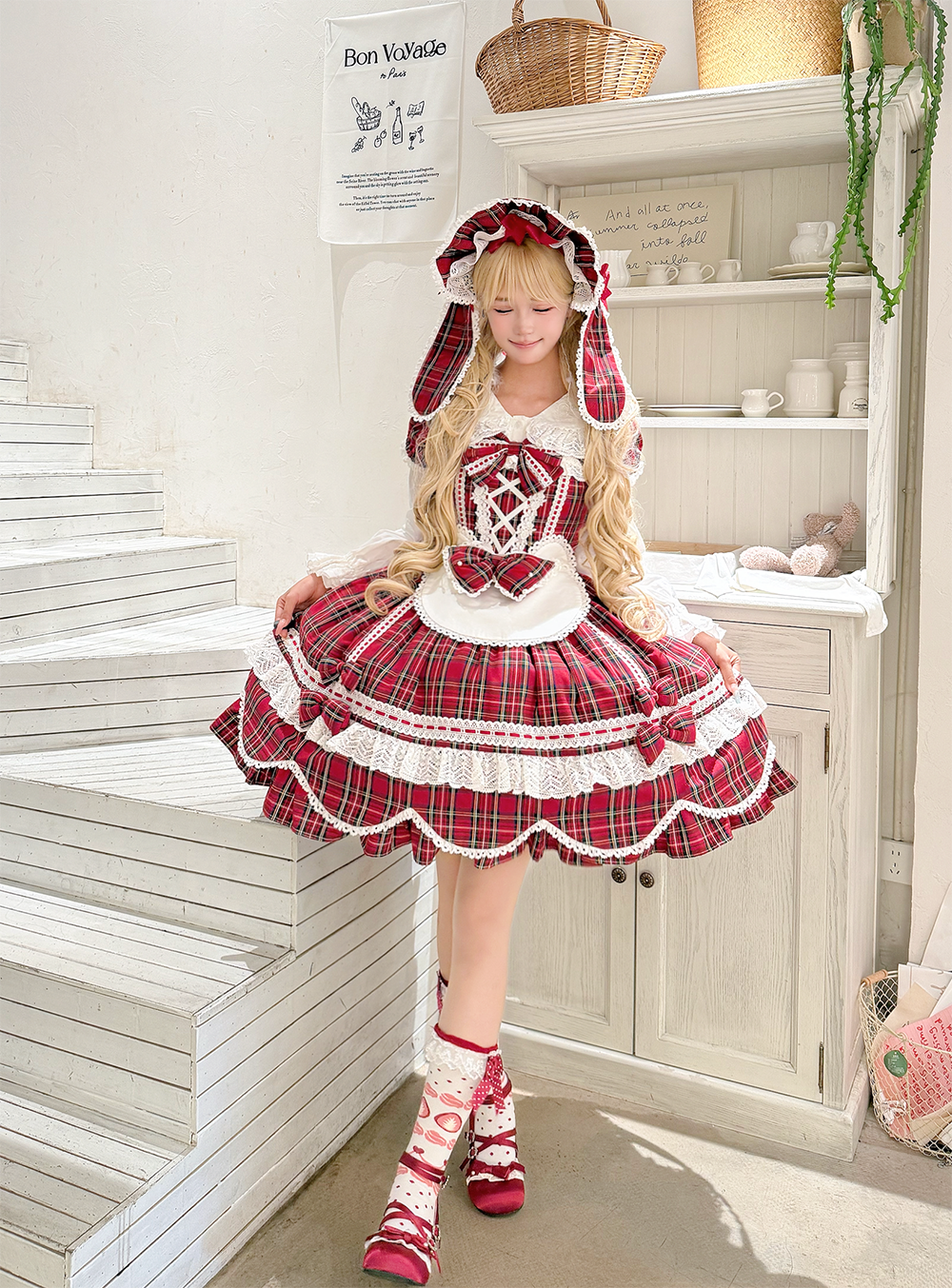 Plaid Petal Bunny - Old School Lolita Plaid OP Dress, Petal-shaped Hem 44673:818295